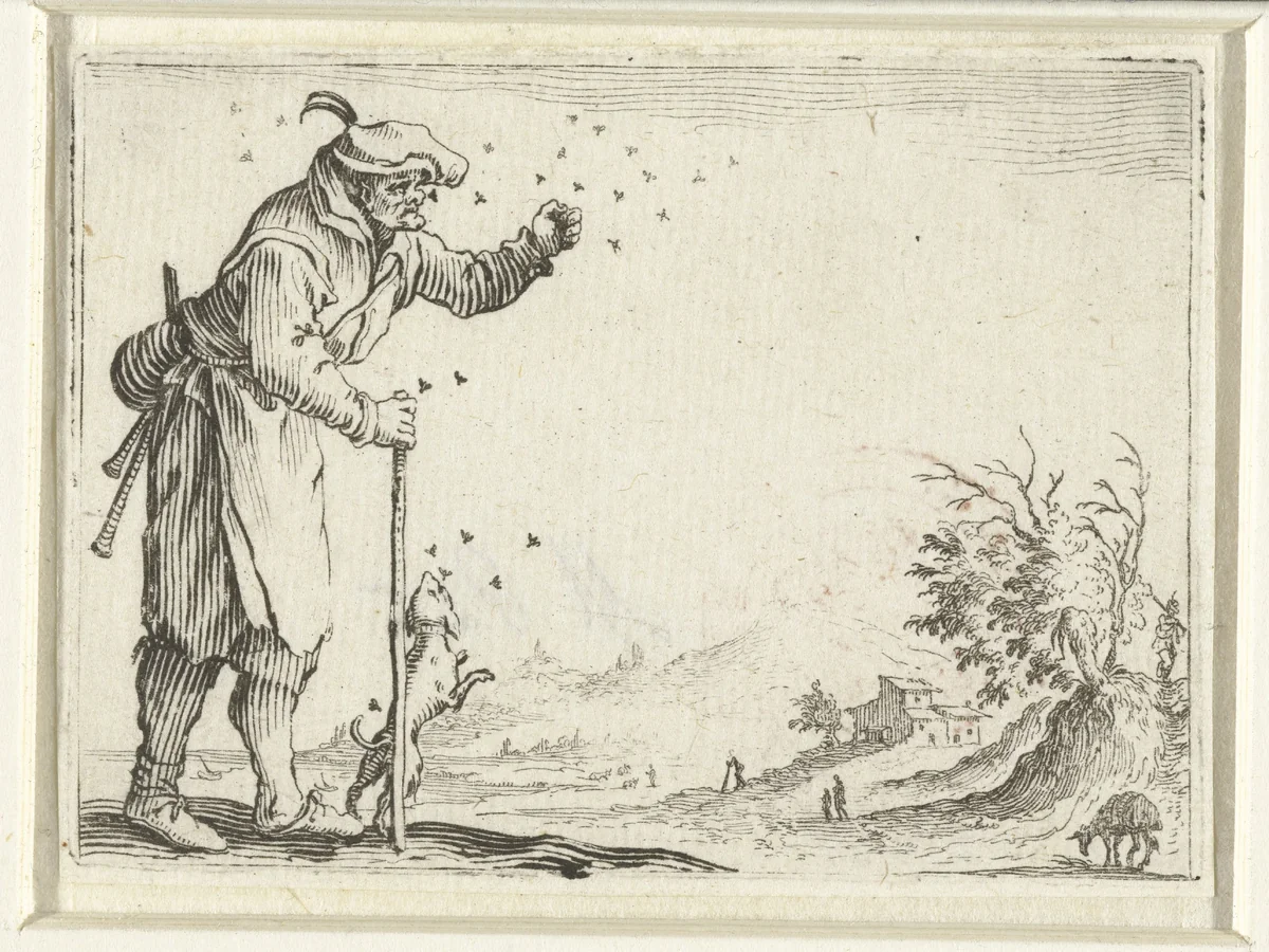 Man met doedelzak en hond, aangevallen door bijen by Jacques Callot, print, 1621
