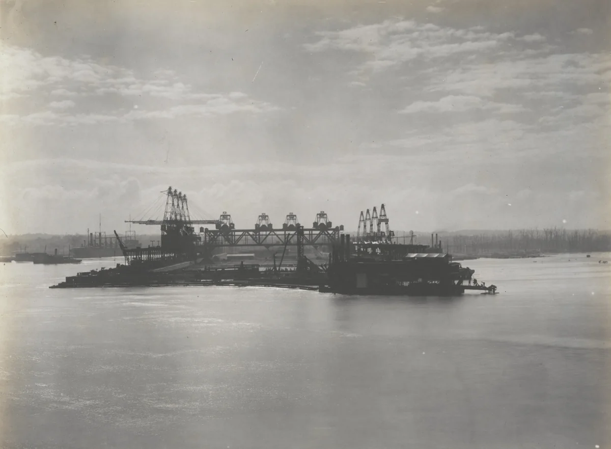 Cristobal coaling Station, showing commencement of erection of wharf bunker and viaduct system across end wharf by Unidentified Photographer, photograph, 1916
