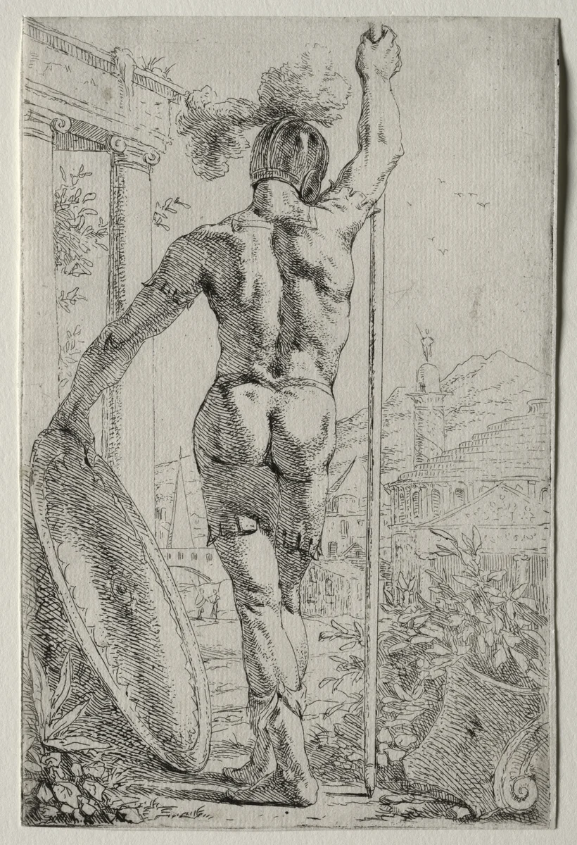 A Soldier Standing, Seen from Behind by Leendert van der Cooghen, print