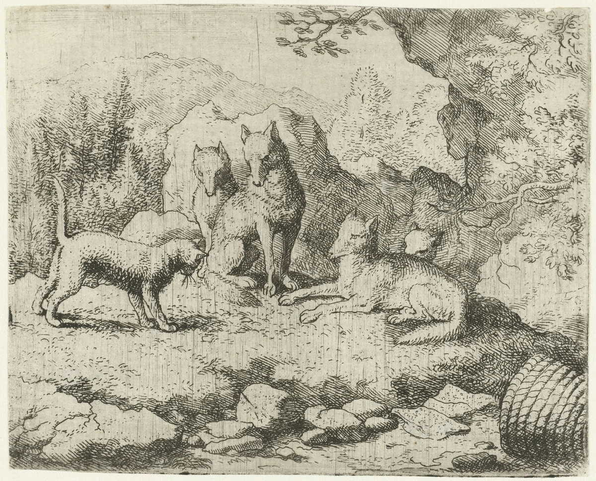 Tibert de kat dagvaardt Reinaert de vos by Allaert van Everdingen, print, 1665-1675