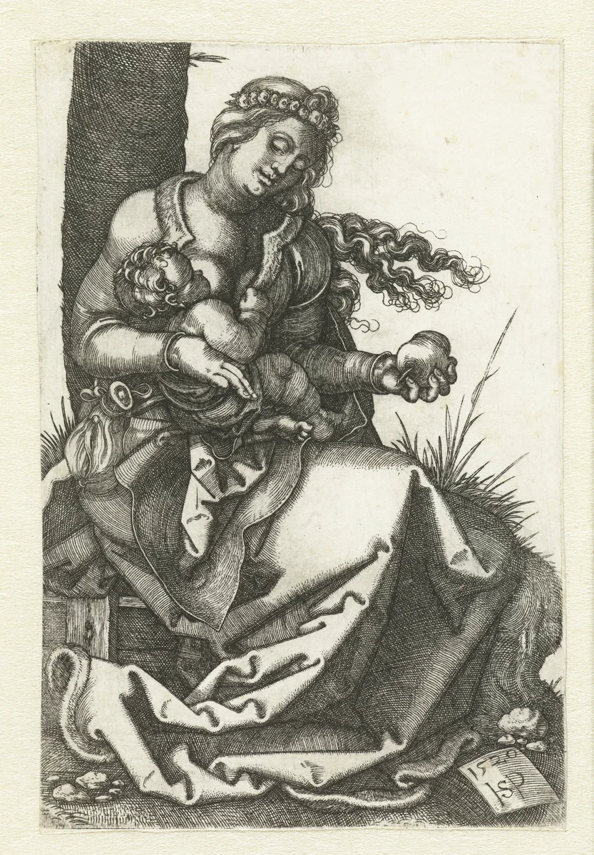 Maria met kind aan de borst en peer by Unknown, print, 1520