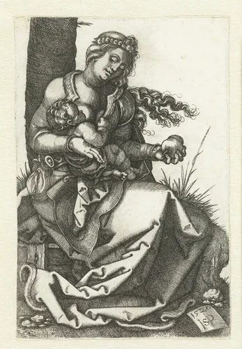 Maria met kind aan de borst en peer by Unknown, print, 1520