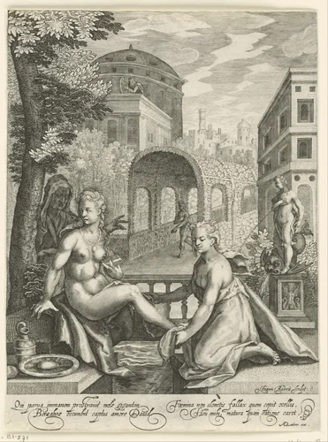 Batseba baadt zich met dienstmaagd in tuin paleis koning David by Unknown, print, 1591-1634