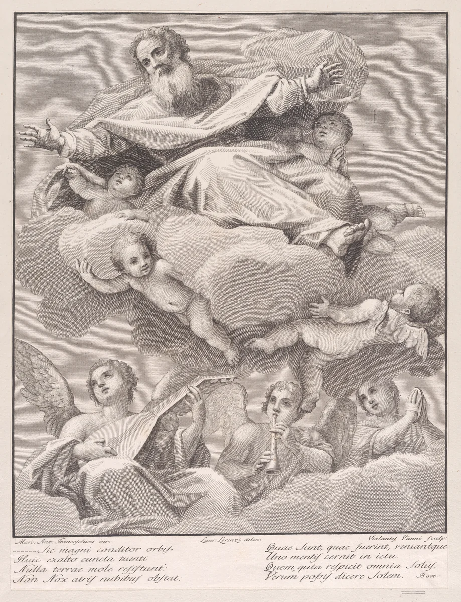 God with musical angels and cherubim by Violante Vanni, print, 1774