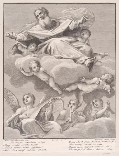 God with musical angels and cherubim by Violante Vanni, print, 1774