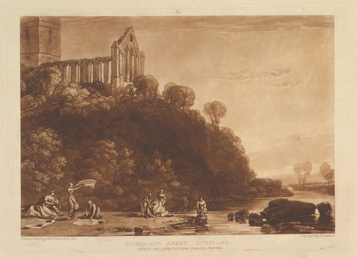 Dumblain Abbey, Scotland, part XI, plate 56 from "Liber Studiorum" by Joseph Turner, print, 1816