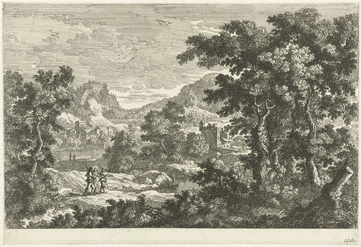 Landschap met Christus en de discipelen op weg naar Emmaus by Unknown, print, 1586-1650