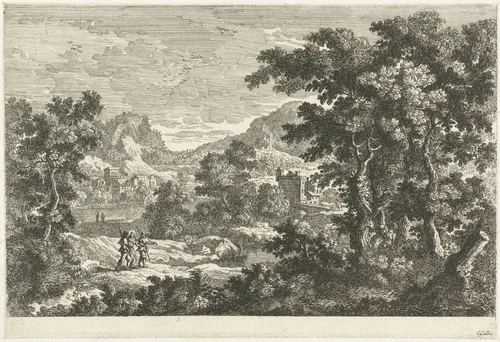 Landschap met Christus en de discipelen op weg naar Emmaus by Unknown, print, 1586-1650