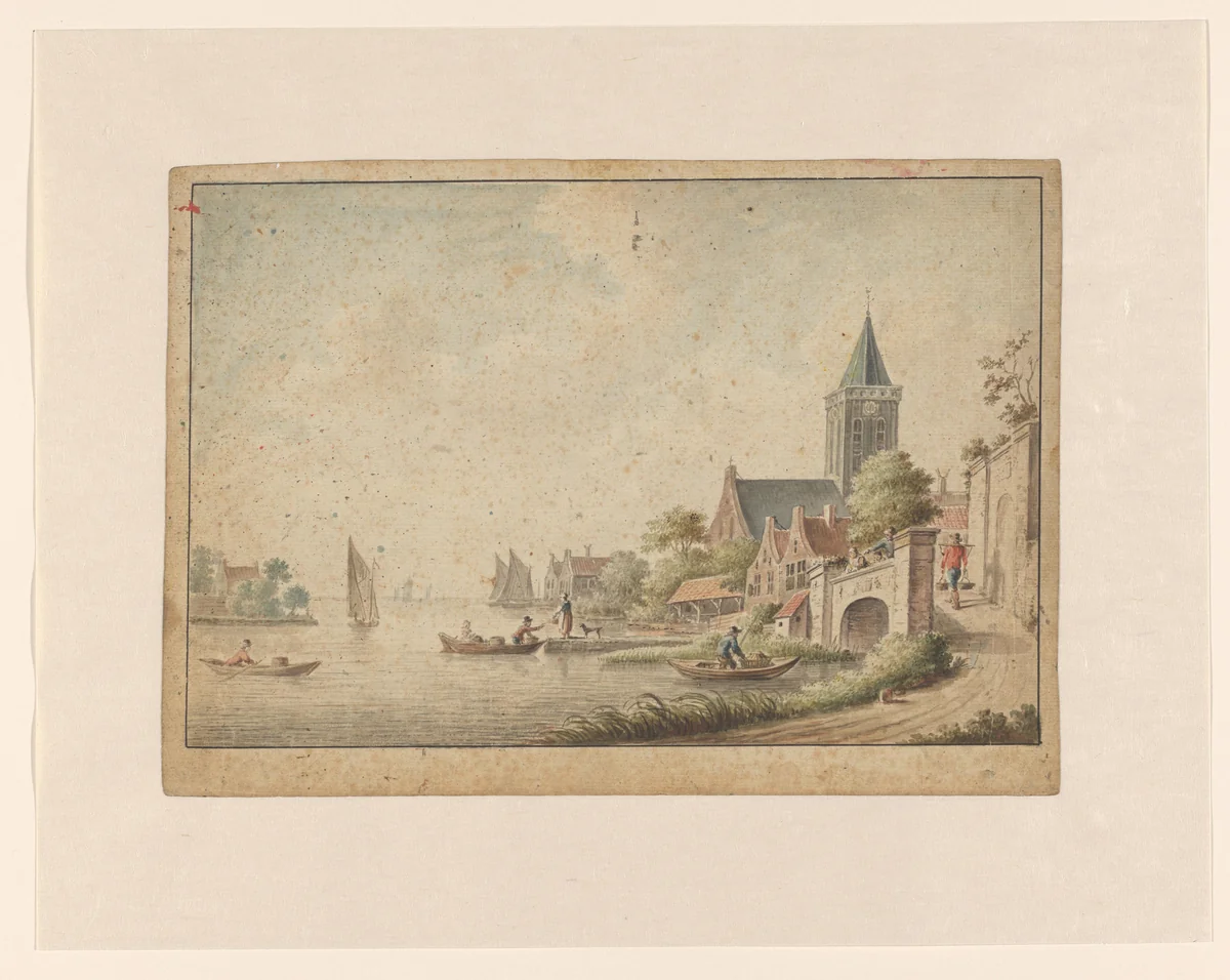 Gezicht op een stadje aan het water by Dirk Verrijk, drawing, 1744-1786