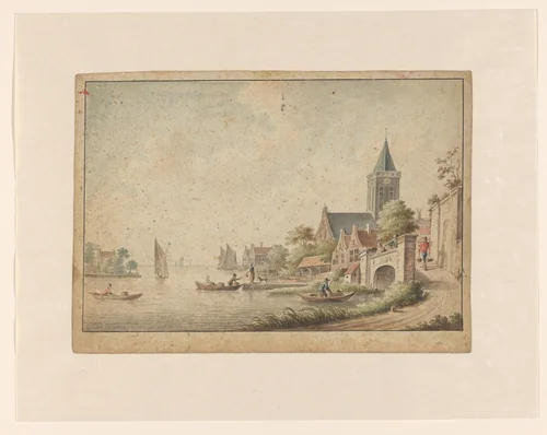 Gezicht op een stadje aan het water by Dirk Verrijk, drawing, 1744-1786