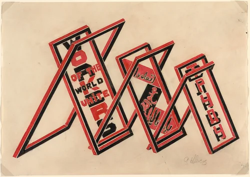 Propaganda Stand (Workers of the World Unite) by Gustav Klutsis, drawing, 1922
