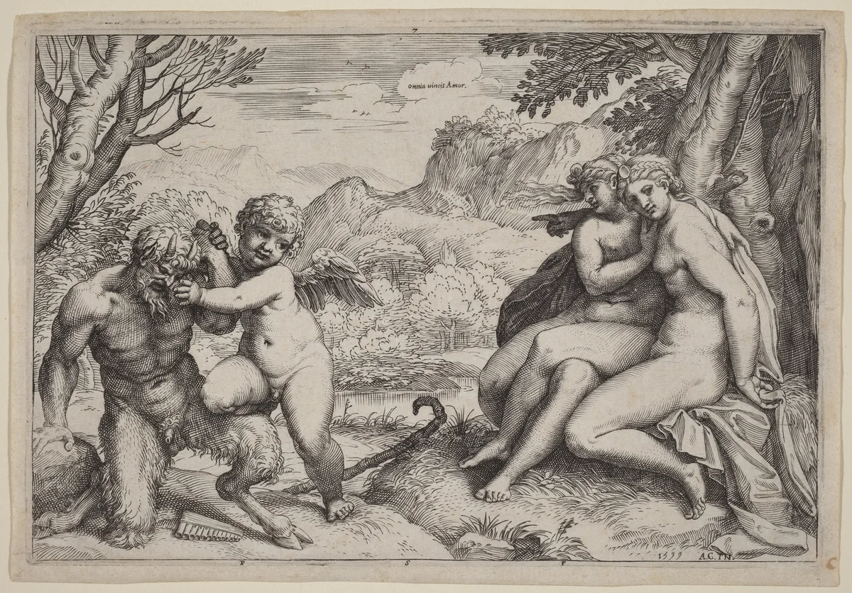 Pan Taming Eros by Agostino Carracci, print, 1599