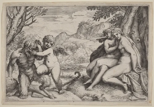 Pan Taming Eros by Agostino Carracci, print, 1599