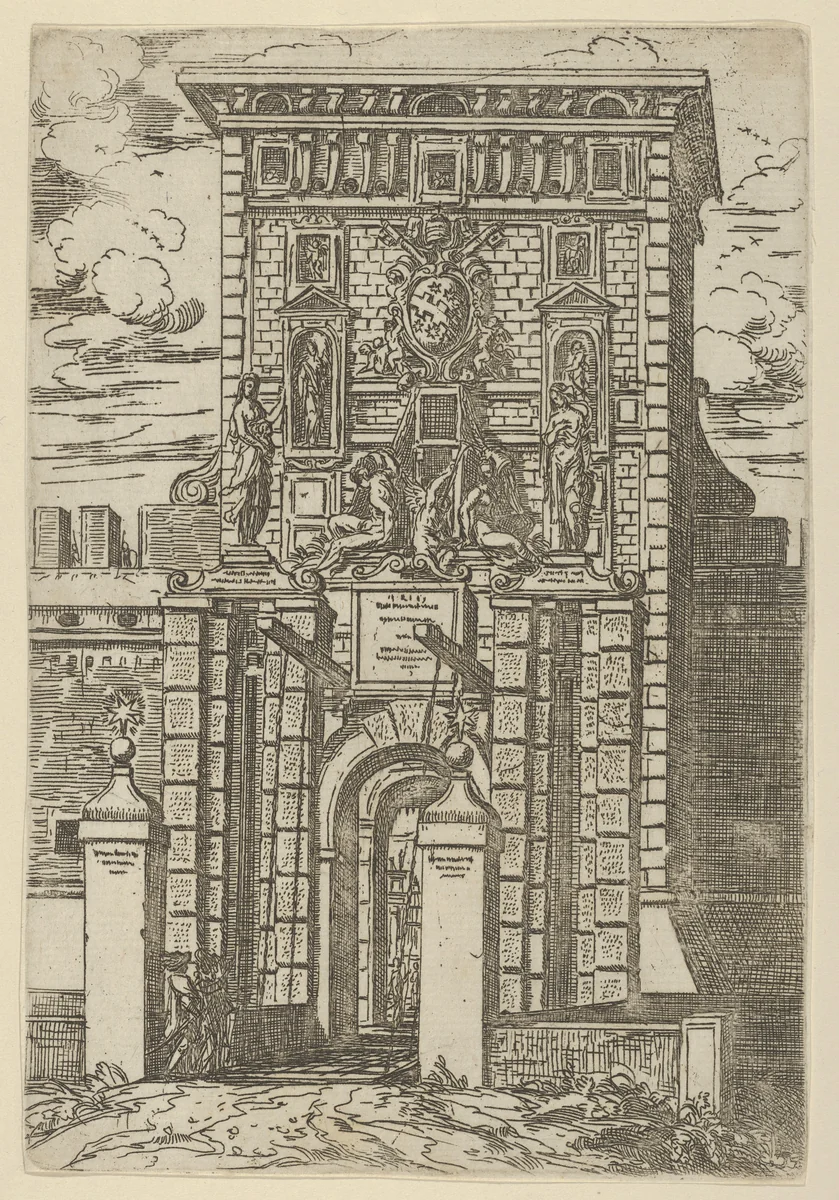 The Porta Galliera, the entrance gate to Bologna and drawbridge with temporary decorations for the entry of Pope Clement VIII in Bologna in 1598 by Guido Reni, print, 1598