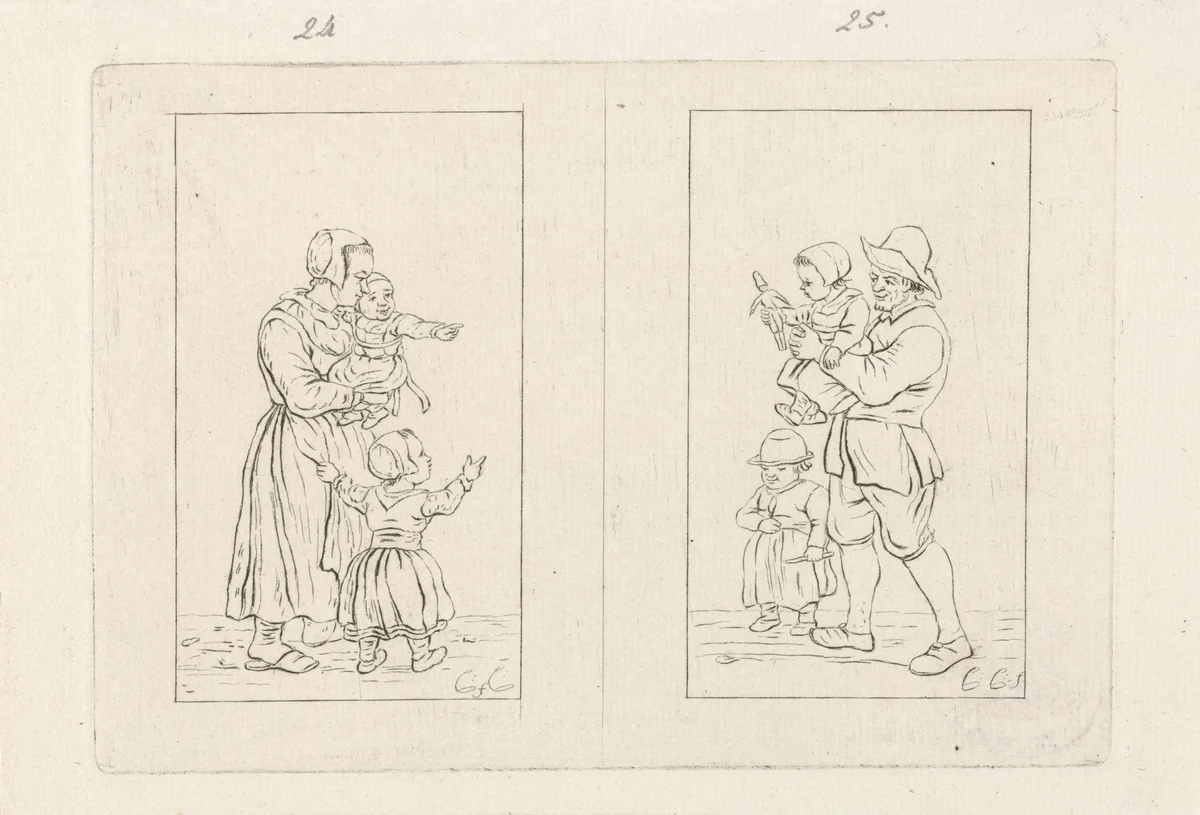 Twee voorstellingen van een ouder met twee kinderen by Pieter de Mare, print, 1779