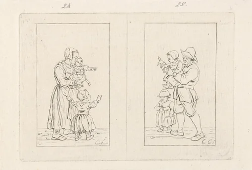 Twee voorstellingen van een ouder met twee kinderen by Pieter de Mare, print, 1779