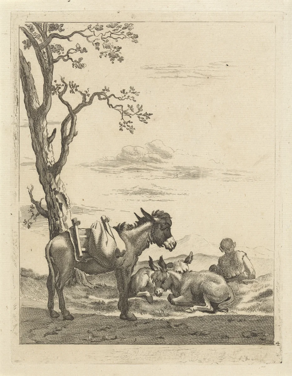 Rustende herder bij drie ezels by anonymous, print, 1643-1692