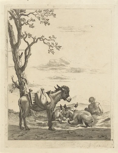 Rustende herder bij drie ezels by anonymous, print, 1643-1692