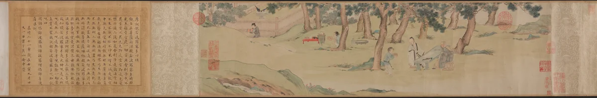 Zhao Mengfu Writing the Heart (Hridaya) Sutra in Exchange for Tea by Qiu Ying (仇英), painting, 1542-1543