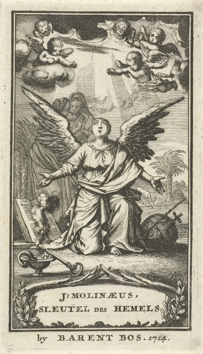 Engel bidt met gespreide armen tot God by Jan Luyken, print, 1714