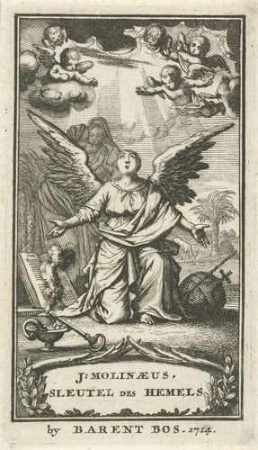 Engel bidt met gespreide armen tot God by Jan Luyken, print, 1714
