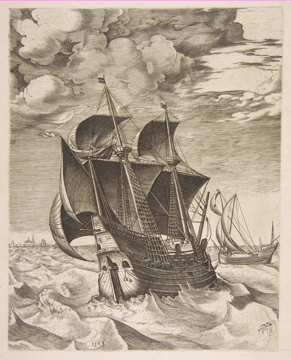 A Dutch Hulk and a Boeier from The Sailing Vessels by Pieter Bruegel, print, 1565