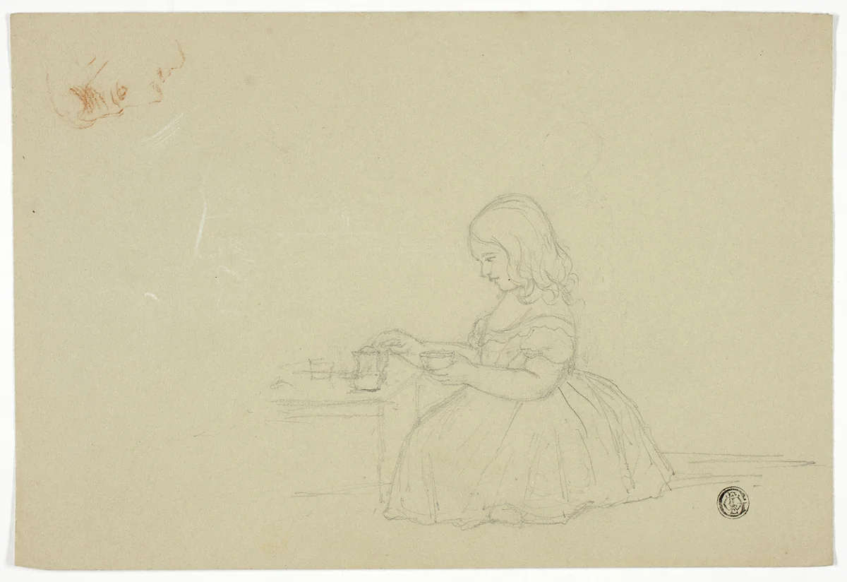 Young Girl Pouring Tea and Profile Sketch (recto), and Sketch of Italian City Street (verso) by Elizabeth Murray, drawing, 1835-1882