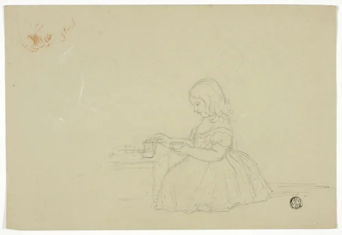 Young Girl Pouring Tea and Profile Sketch (recto), and Sketch of Italian City Street (verso) by Elizabeth Murray, drawing, 1835-1882
