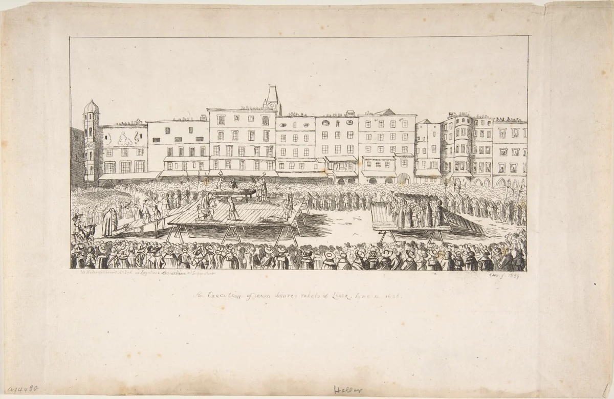 An Execution of Seven Boores Rebels in Lintz, June 16, 1636 by anonymous, print, 1839