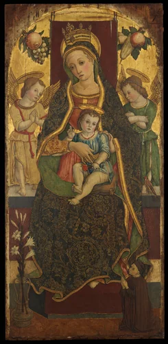 Madonna and Child Enthroned with Two Angels and a Donor by Vittore Crivelli, painting, 1481