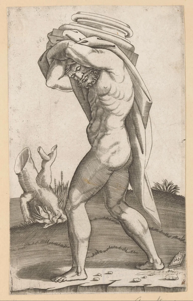 Man met het basement van een zuil op zijn rug by Unknown, print, 1500-1536