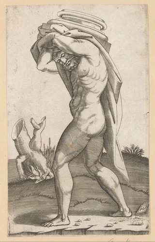 Man met het basement van een zuil op zijn rug by Unknown, print, 1500-1536