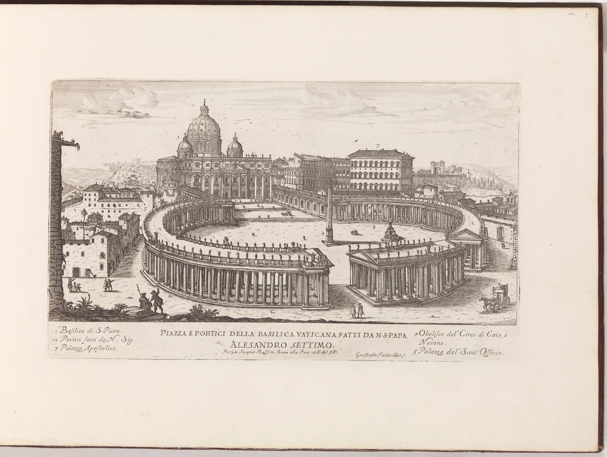 Piazza e Portici della Basilica Vaticana from: Il Nuovo Teatro delle Fabbriche, et Edificii, in Prospettiva di Rome Moderna (...) by Giovanni Battista Falda, print, 1665-1669