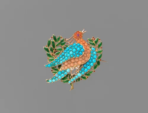 Brooch in the form of a dove on an olive branch by Sir Edward Burne-Jones, metalwork, 1890-1900