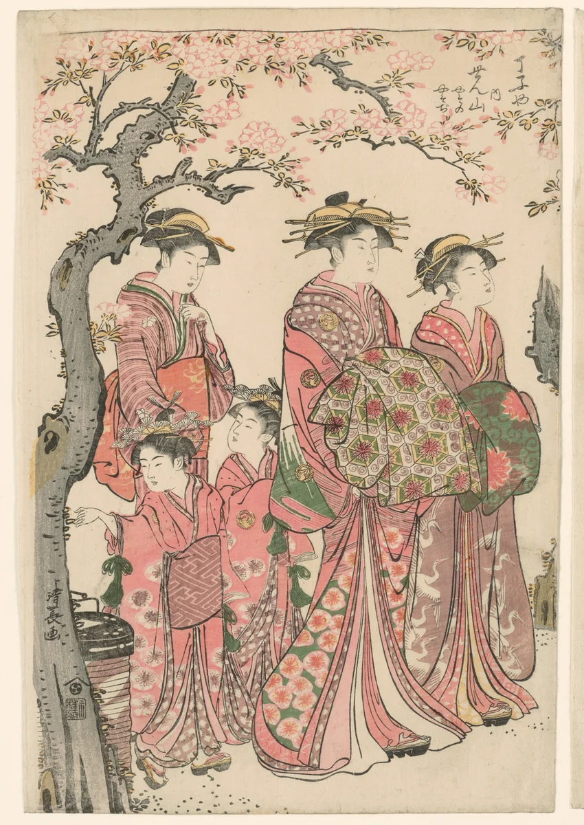 The Courtesans Senzan, Yasono, and Yasoji of the Chojiya by Torii Kiyonaga (鳥居清長), print, 1785