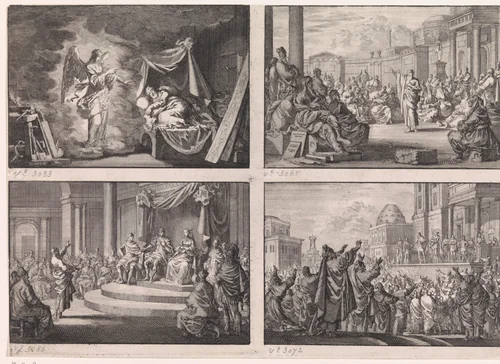 Vier voorstellingen uit het Nieuwe Testament by Jan Luyken, print, 1703
