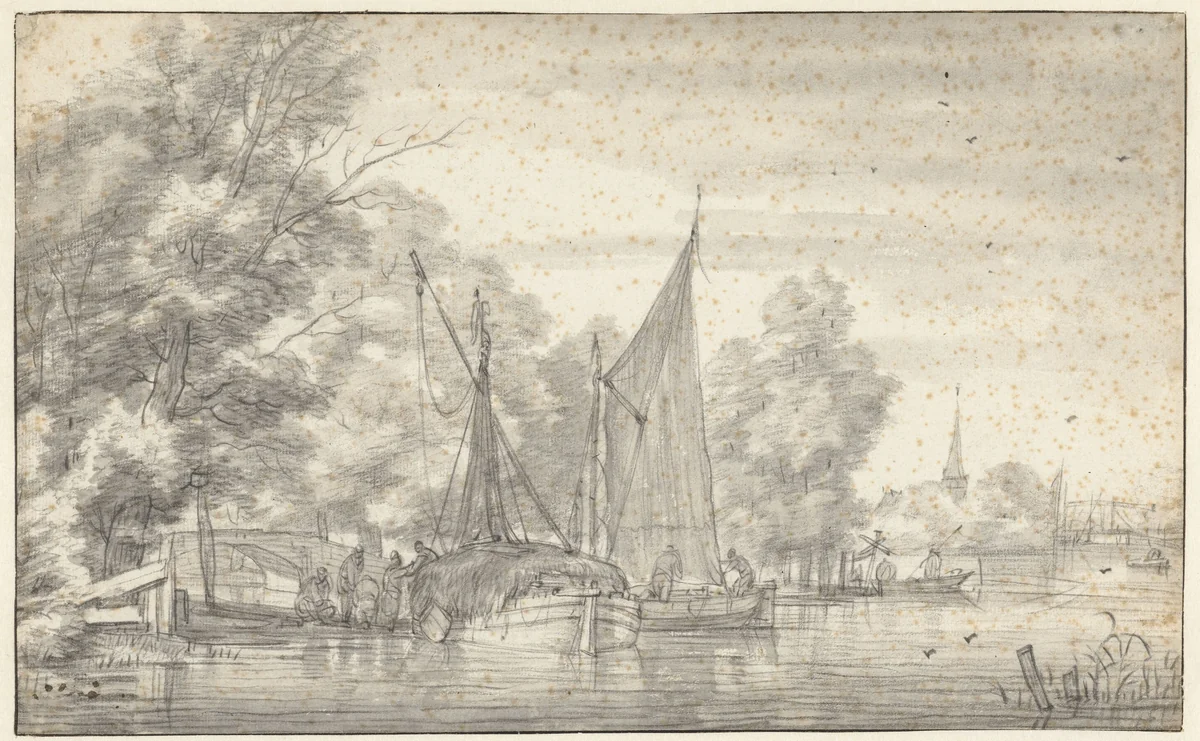 Gezicht op een rivier met mensen bij en op boten by Jacob Esselens, drawing, 1636-1687