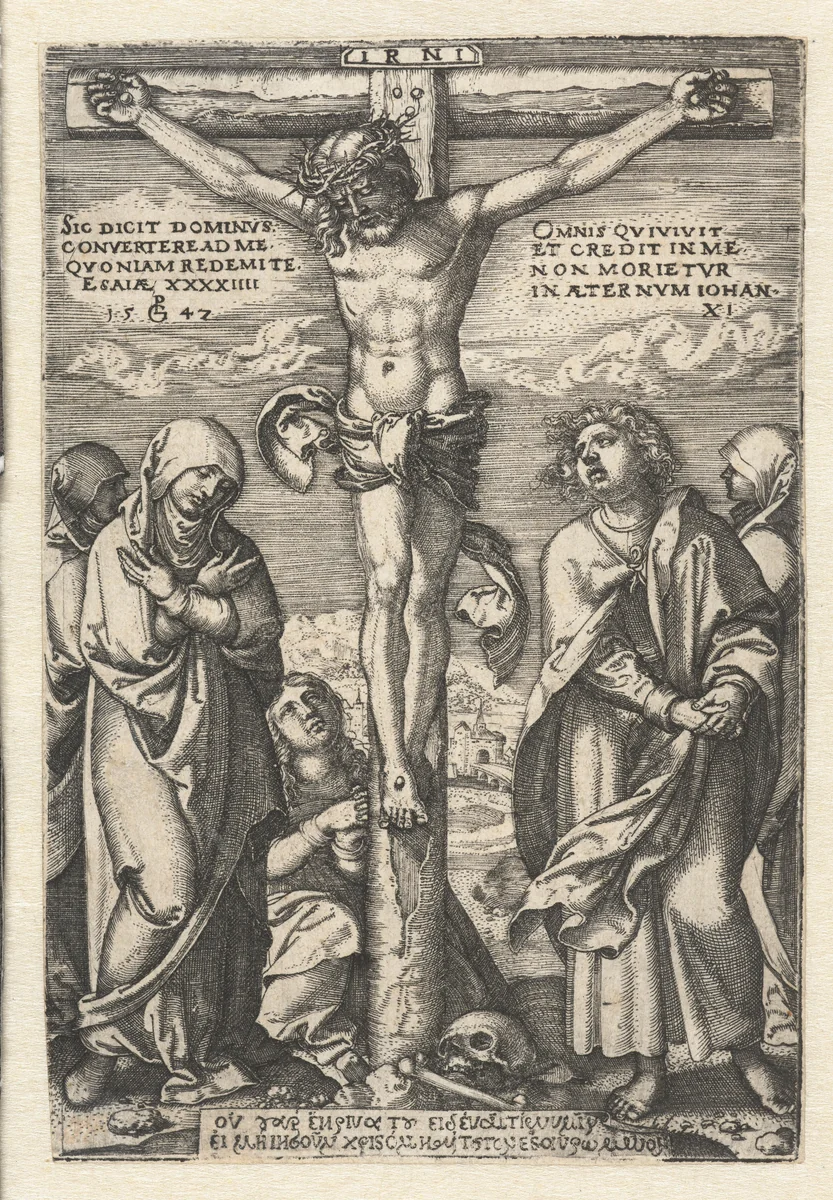 Christus aan het kruis en Maria en Johannes by Unknown, print, 1547