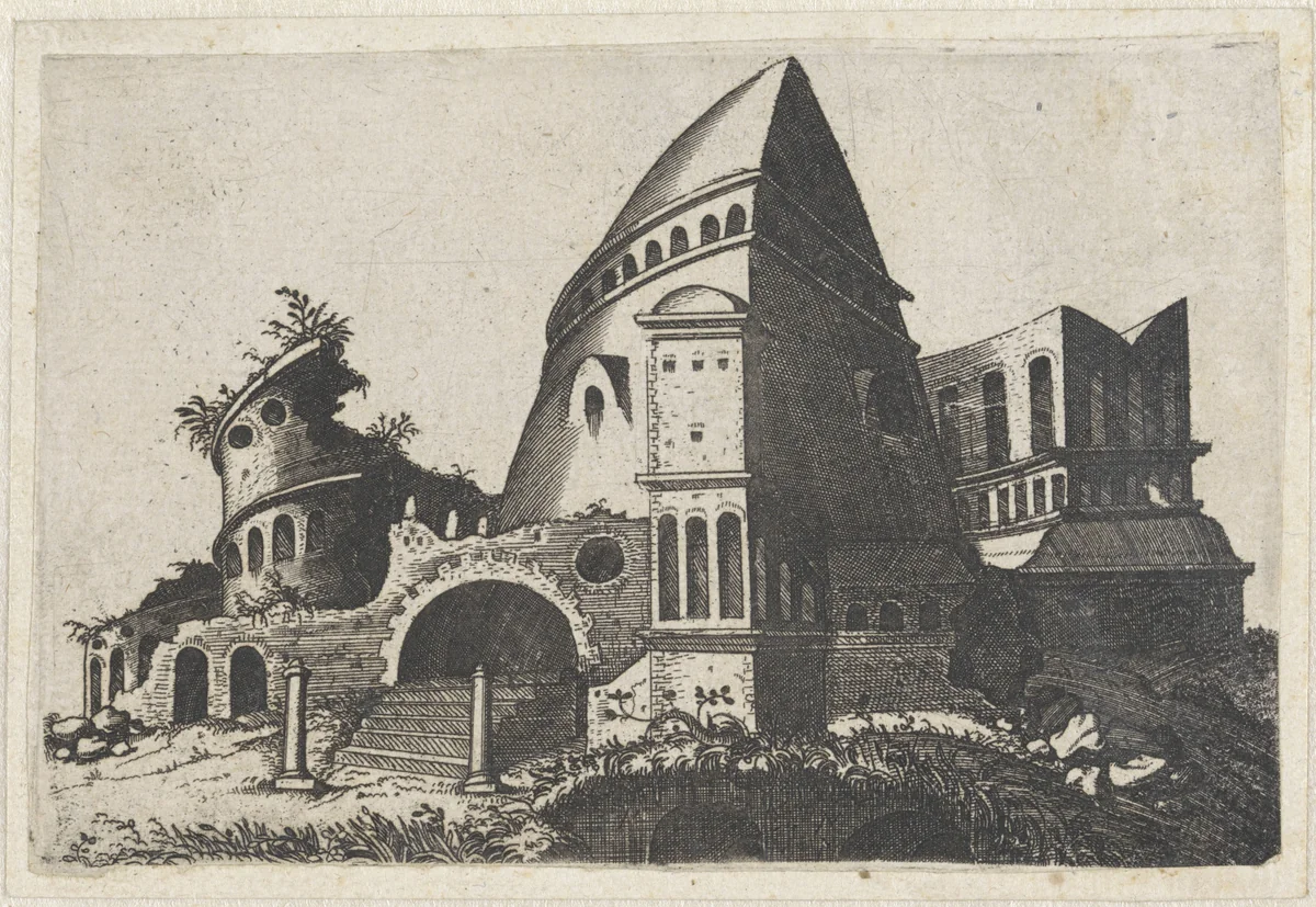Ruïne met piramidevormige toren by Lambertus Suavius, print, 1560