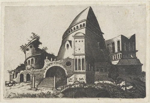 Ruïne met piramidevormige toren by Lambertus Suavius, print, 1560