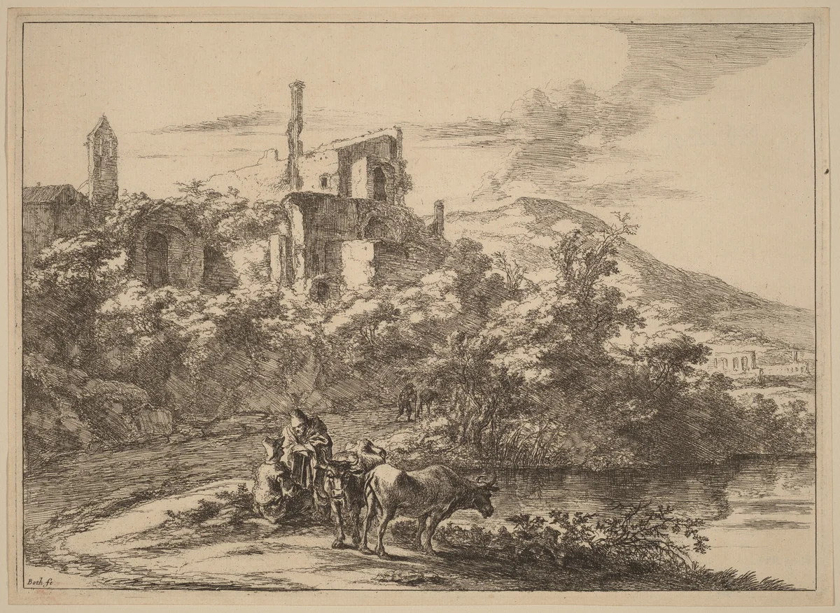 Two Cows near the River at Tivoli by Jan Both, print, 1615-1652