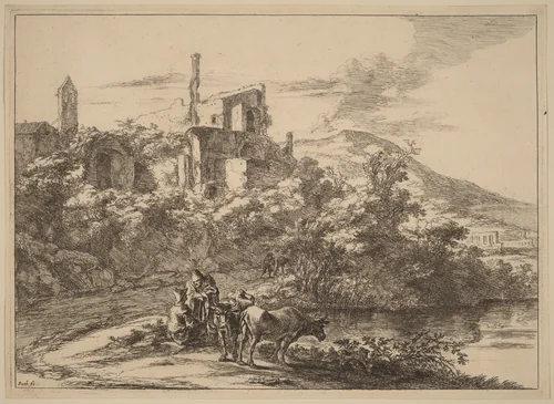 Two Cows near the River at Tivoli by Jan Both, print, 1615-1652