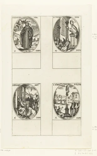Heilige Genovefa, Heilige Titus, Heilige Simon de Styliet, Aanbidding door de wijzen (Driekoningen) (3-6 januari) by Jacques Callot, print, 1632-1636