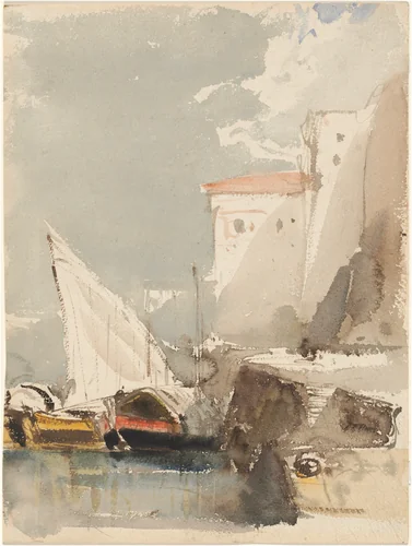 Sailboats in a Sunlit Harbor (recto) by Eugène Isabey, drawing, 1830-1839