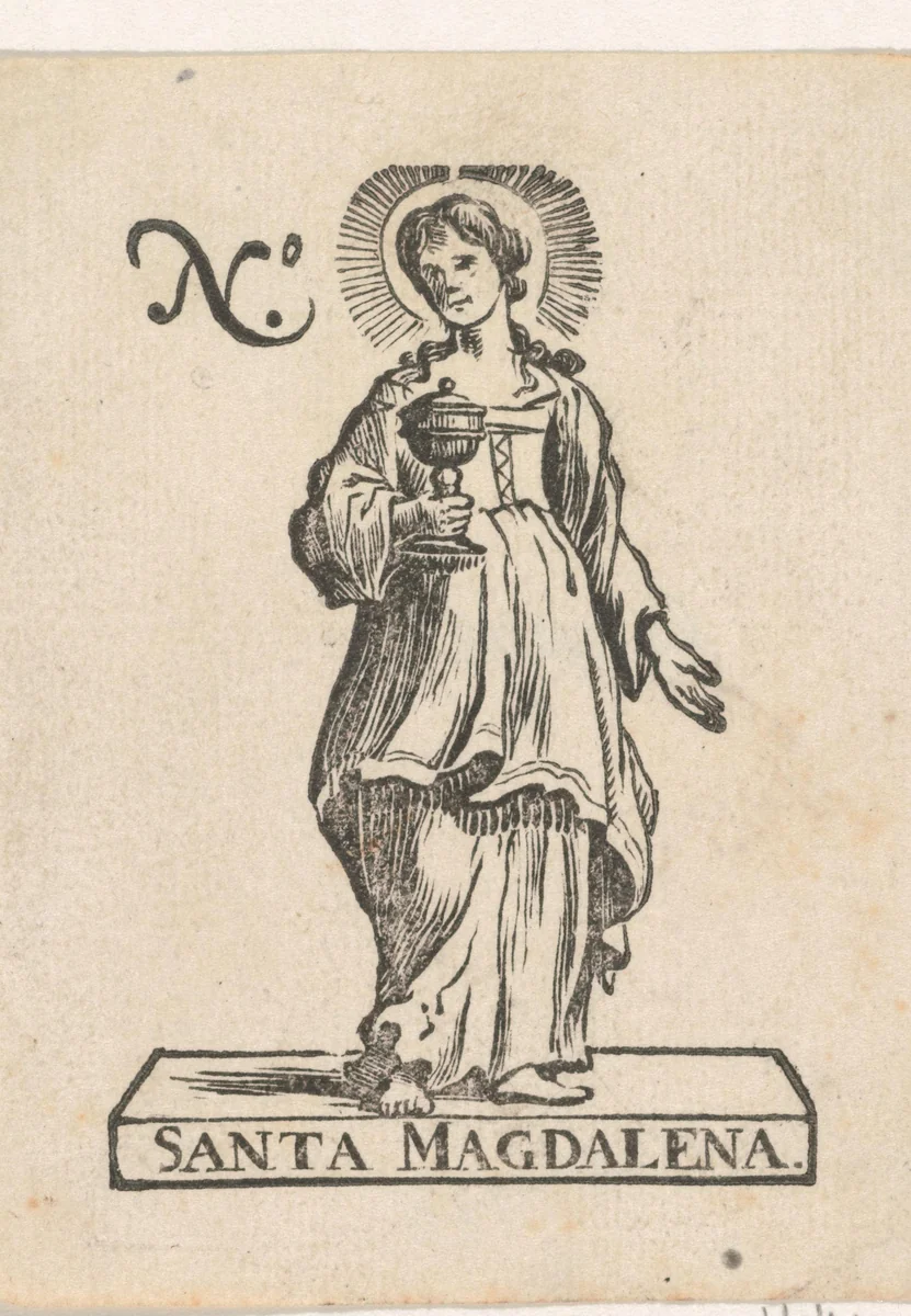 Handelsetiket met de heilige Maria Magdalena by Isaac Vincentsz. van der Vinne, print, 1681-1740