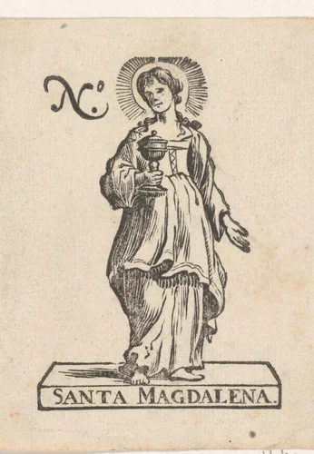 Handelsetiket met de heilige Maria Magdalena by Isaac Vincentsz. van der Vinne, print, 1681-1740
