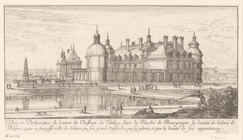 Gezicht op het kasteel van Tanlay met ervoor een waterpartij by Israël Silvestre, print, 1631-1661