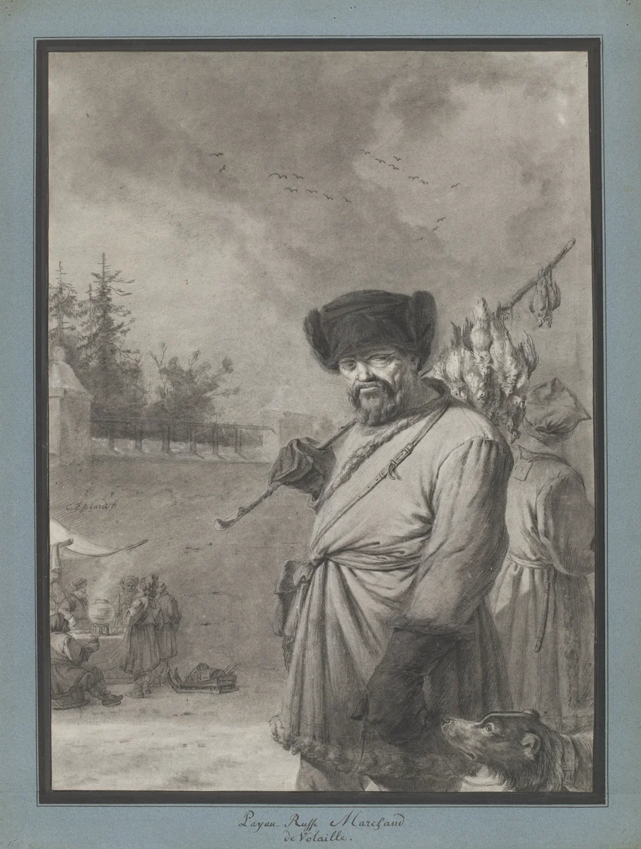 Russische boer met gedode vogels aan een stok by Charles Echard, drawing, 1758-1810