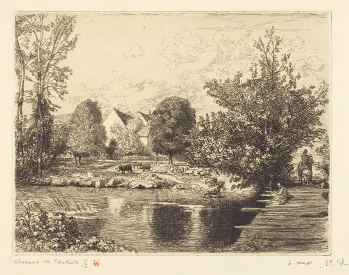 Old Foot-bridge, Banks of the Small Morin (Vieille passerelle, bords du petit morin) by Auguste Lepère, print, 1915