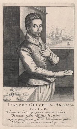 Portret van Isaac Oliver by Robert de Baudous, print, 1610